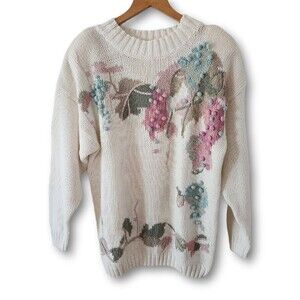 Vintage 80s Kirsten Grey Knit Sweater Pullover Pastel Floral Grapes Cottagecore